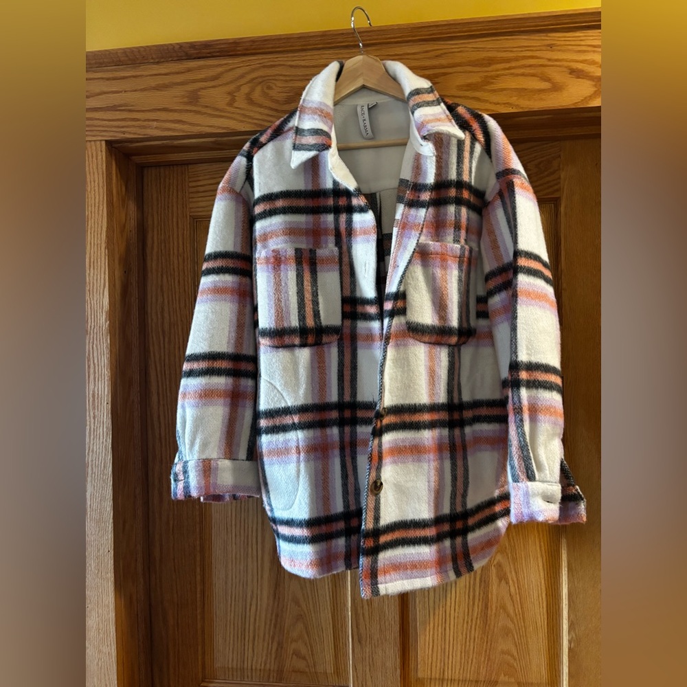 Plaid Button Down Shirt - White, Pink, and Black